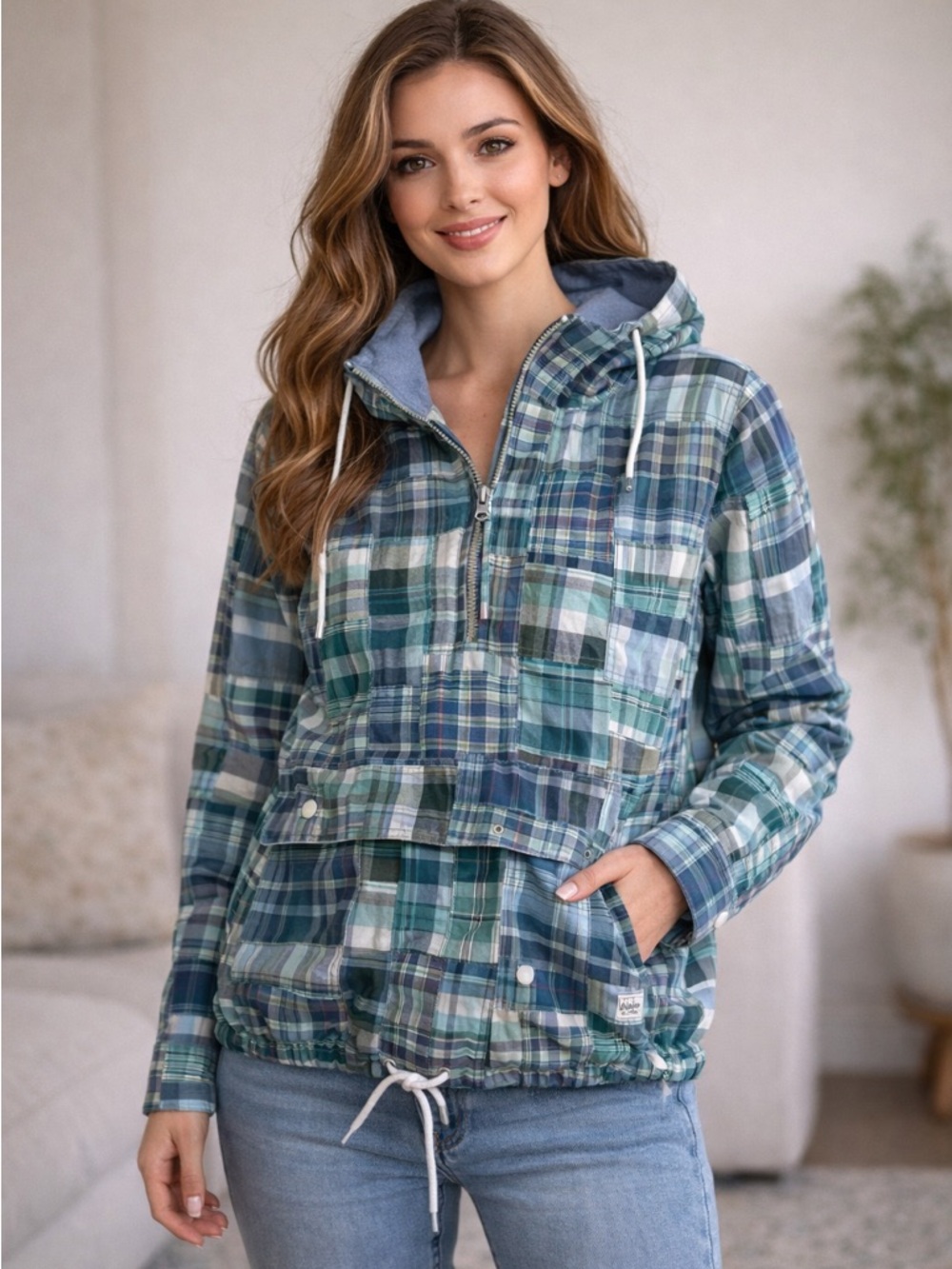 L.L.Bean Madras Patchwork Anorak Pullover Hooded Jacket Women’s M Plaid Preppy